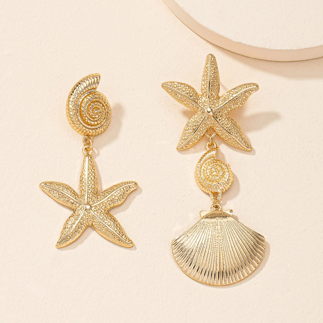 Women's Beach Style Retro Exaggerated Golden Scallop Versatile Creative Shell Starfish Earrings