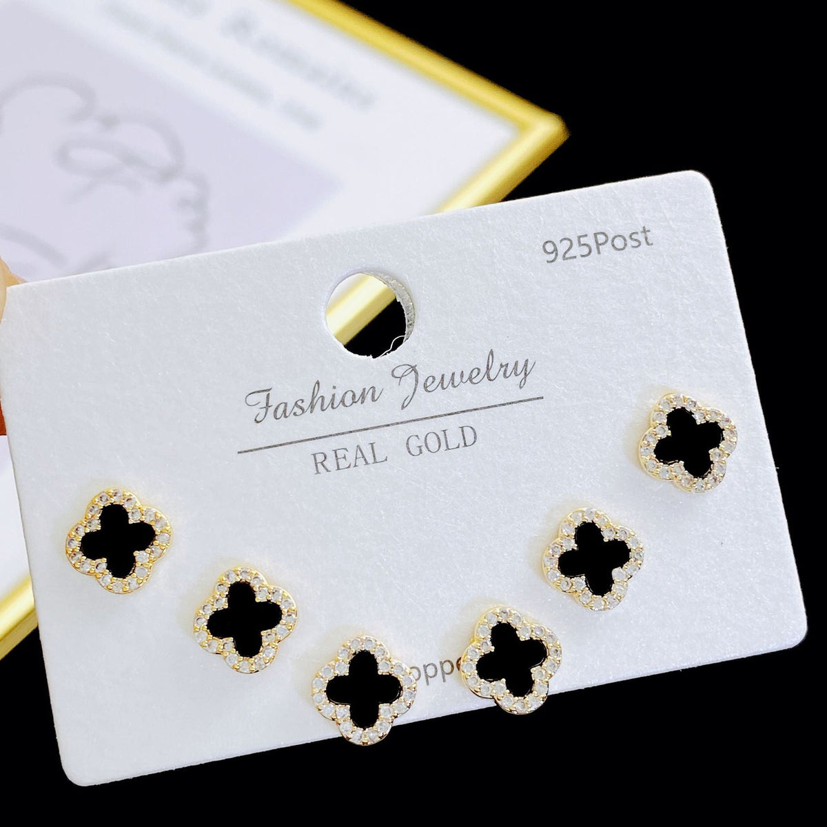 Exquisite Fashion Zircon Four-leaf Flower One Card Three Pairs Stud Earrings