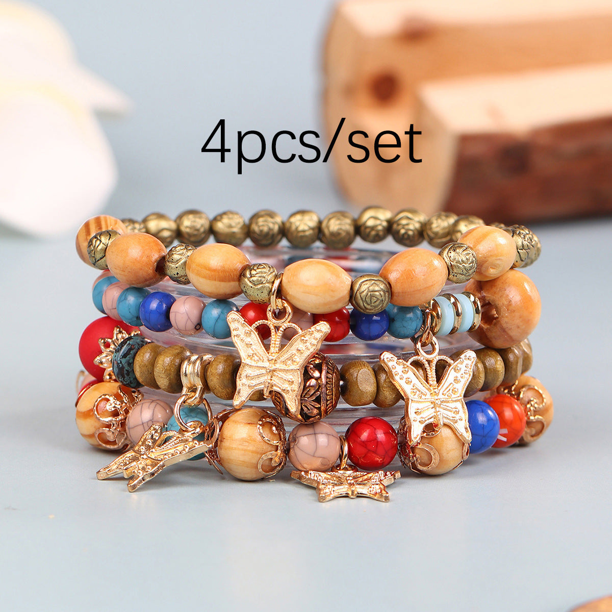 Exquisite Wooden Bead Bohemian Tassel Four Pendants