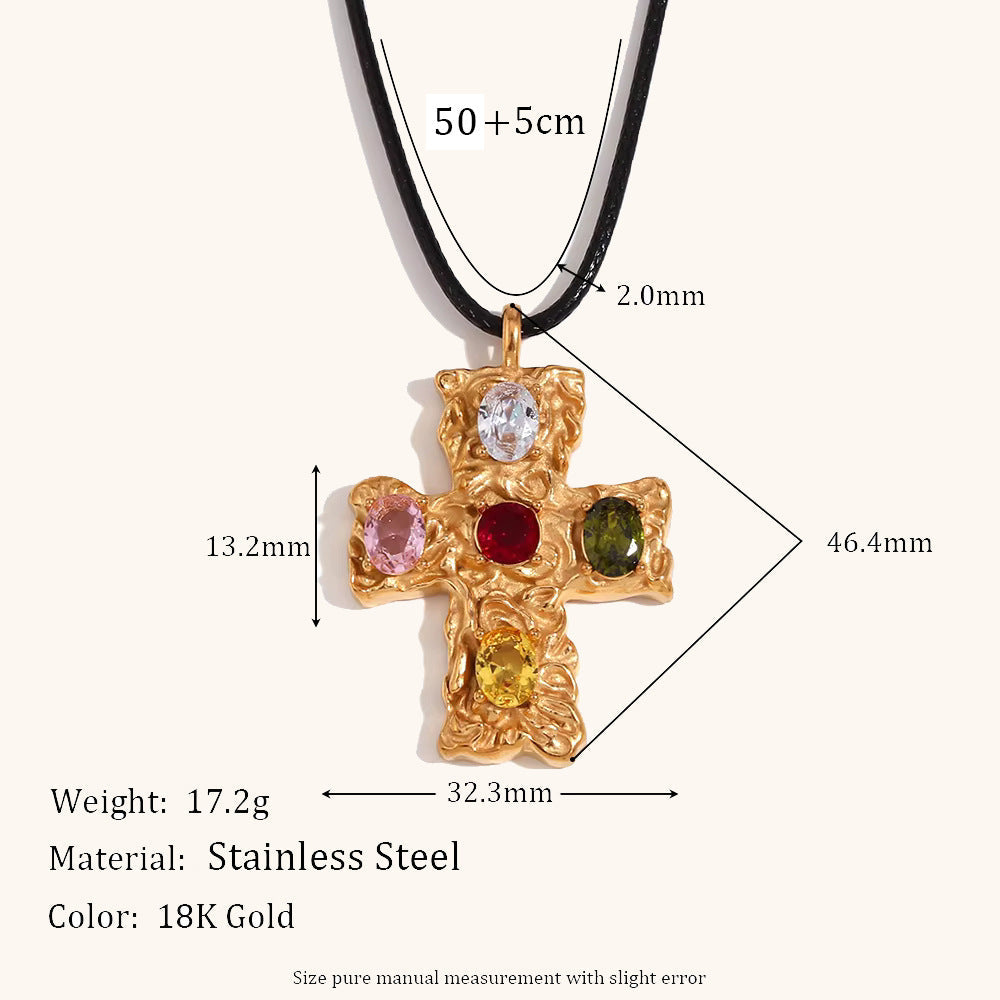 Luxury Fashion Stainless Steel Gold-plated Colorful Beating Cross Black Necklace