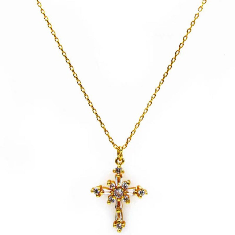Wood American Ion Gilded Rhinestone Zircon Cross Clavicle Necklace