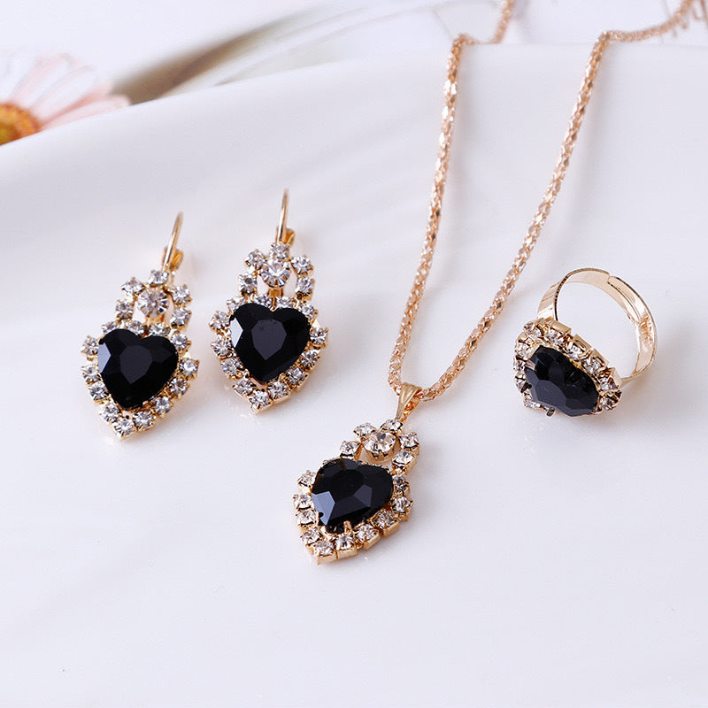 New Water Drop Heart-shaped Three-piece Jeweled Earrings