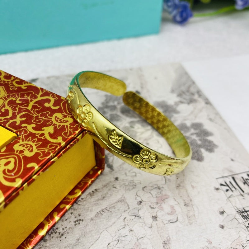 Women's Glossy Brass Open-ended Plum Blossom Dragon Phoenix Fu Bracelets