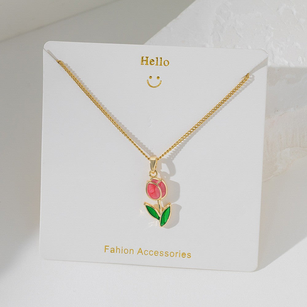 Steel Female Micro Inlaid Pink Diamond Necklace