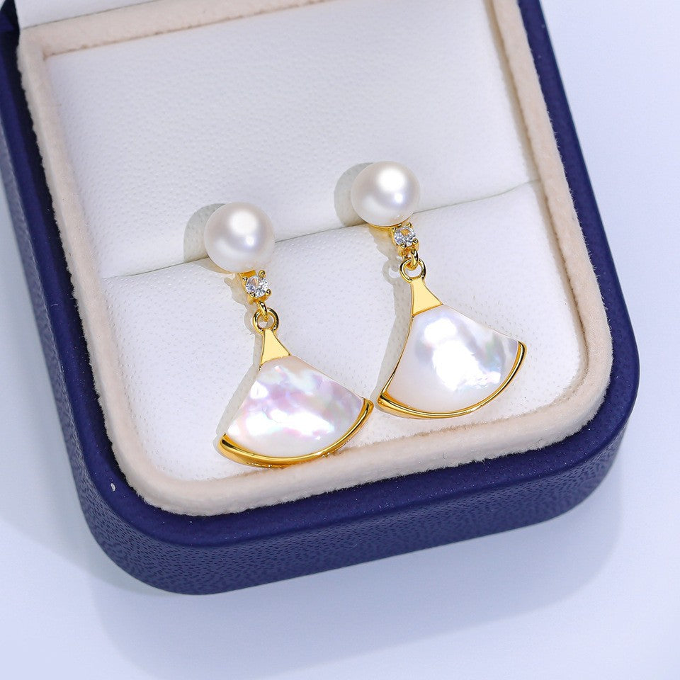 Skirt Natural Freshwater Pearl Ear Three-piece Suit Shell Fan-shaped Advanced Rings