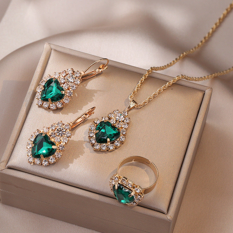 New Water Drop Heart-shaped Three-piece Jeweled Earrings