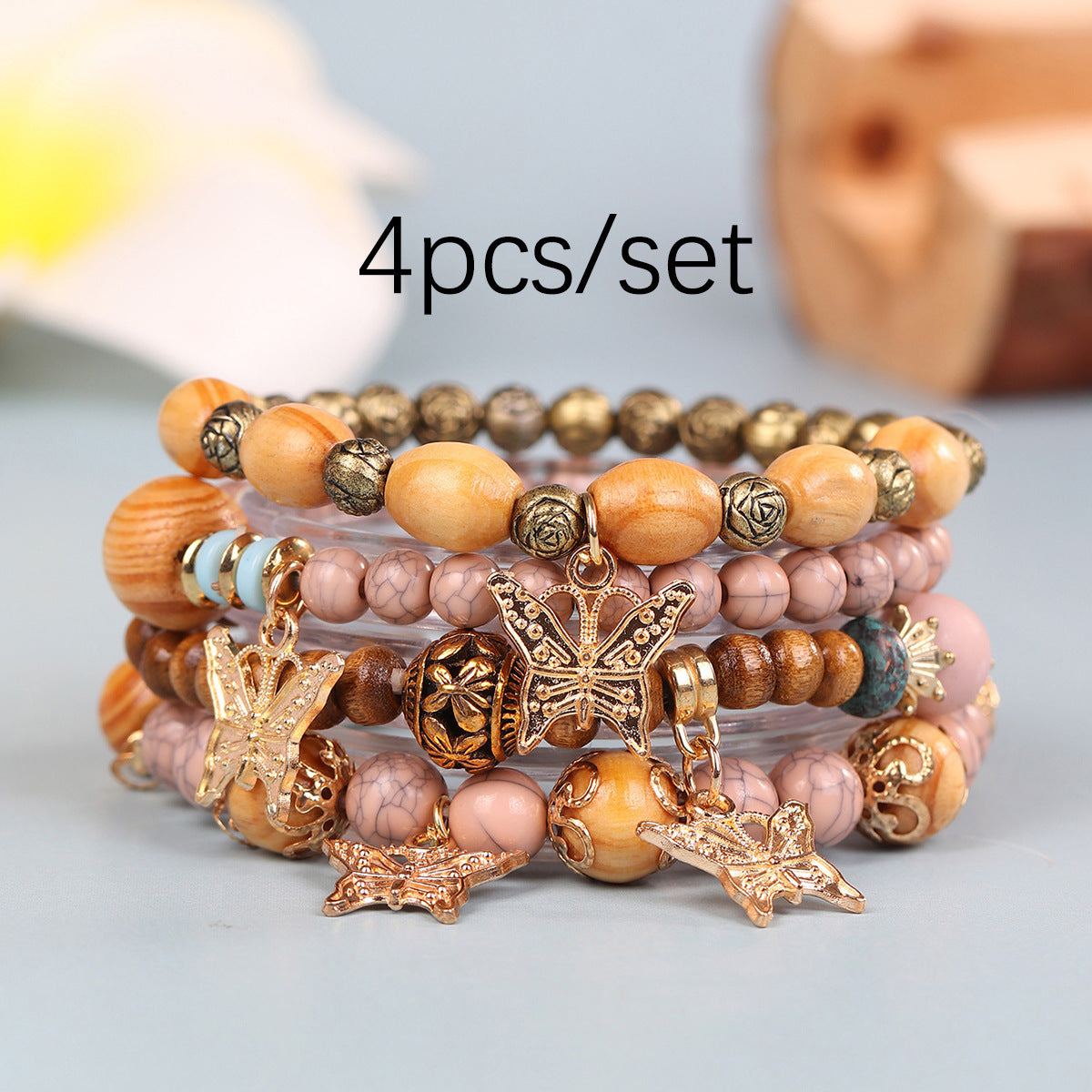 Exquisite Wooden Bead Bohemian Tassel Four Pendants