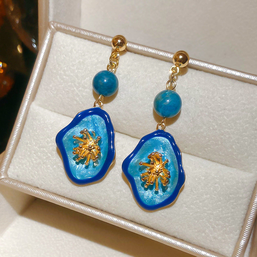 Jardin Monet Blue Glaze Flowers Pipa Pearl Chinese Retro Light Stud Earrings