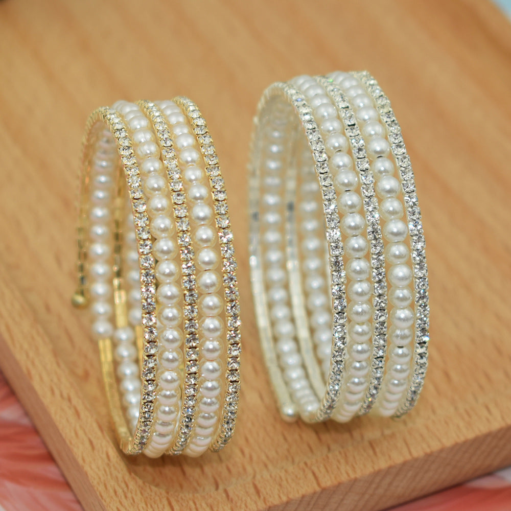 Fashion Shiny Rhinestone Pearl Row Brace Bracelet