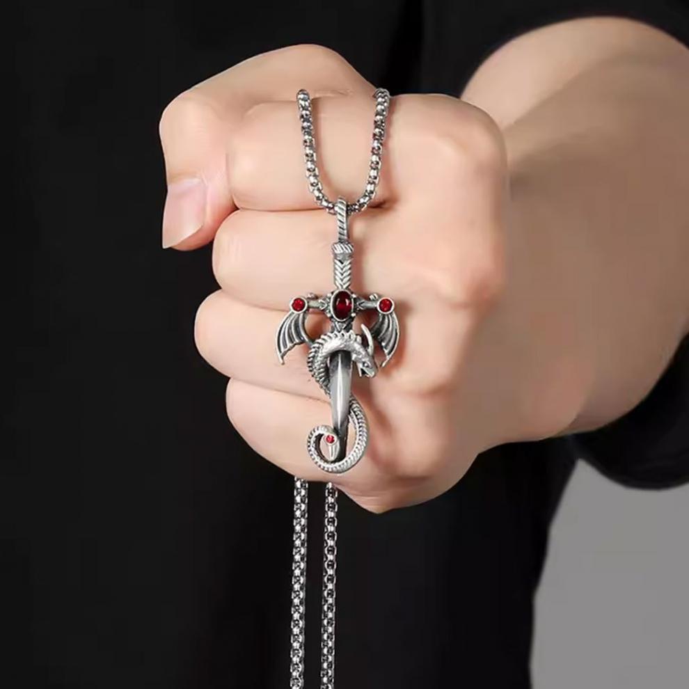 Men's Retro Multicolor Gem Dragon Sword Stainless Steel Chain Punk Necklaces