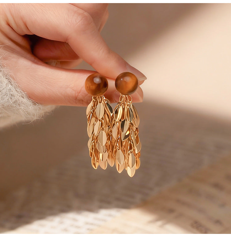 Amber Round Long Golden Leaf Tassel Expensive Mosquito Earrings
