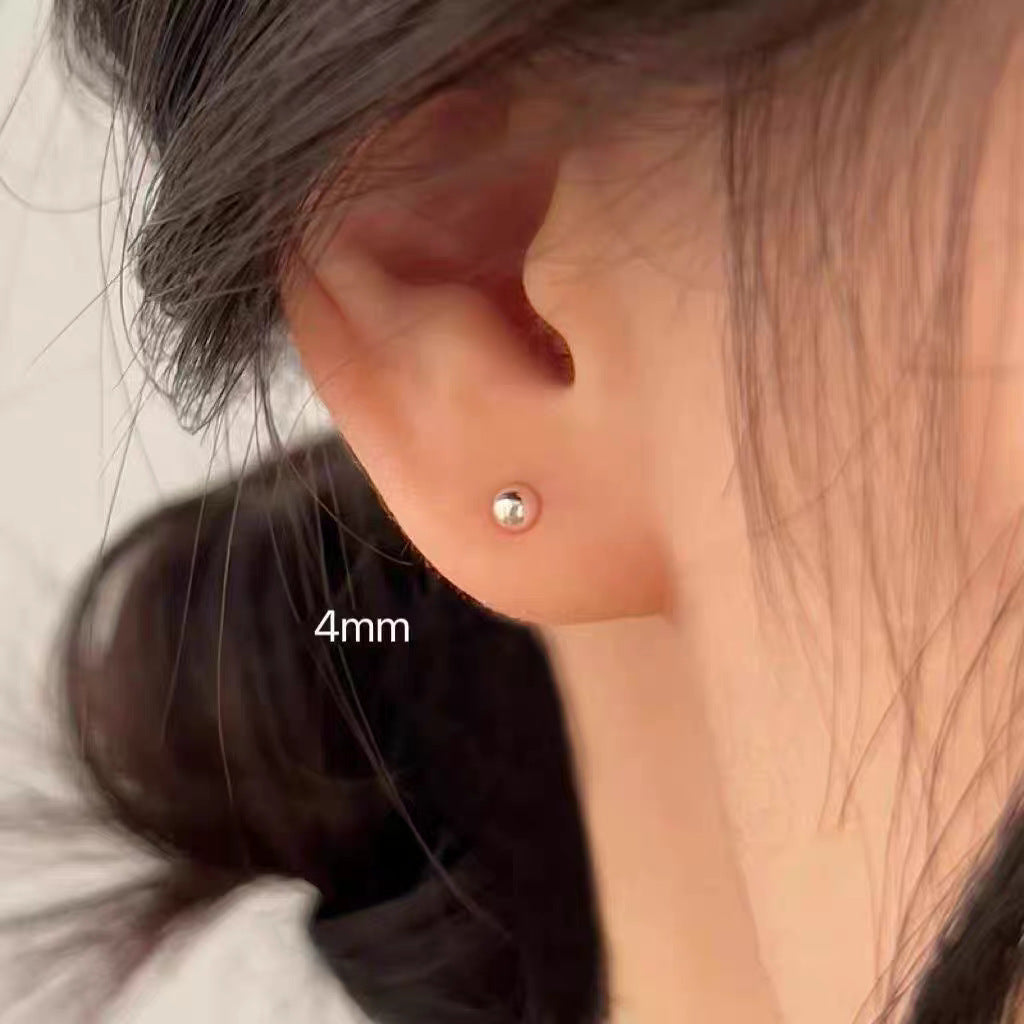 Classic Pure Glossy Bean-shaped Sterling Round Beads Stud Earrings
