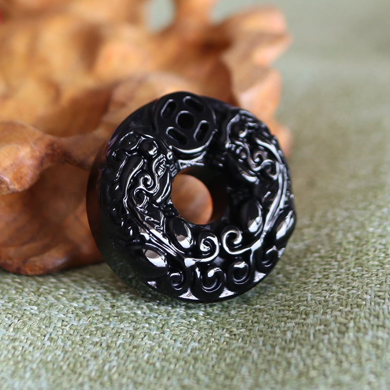 Natural Crystal Obsidian Black Silk Double Peace Pendant