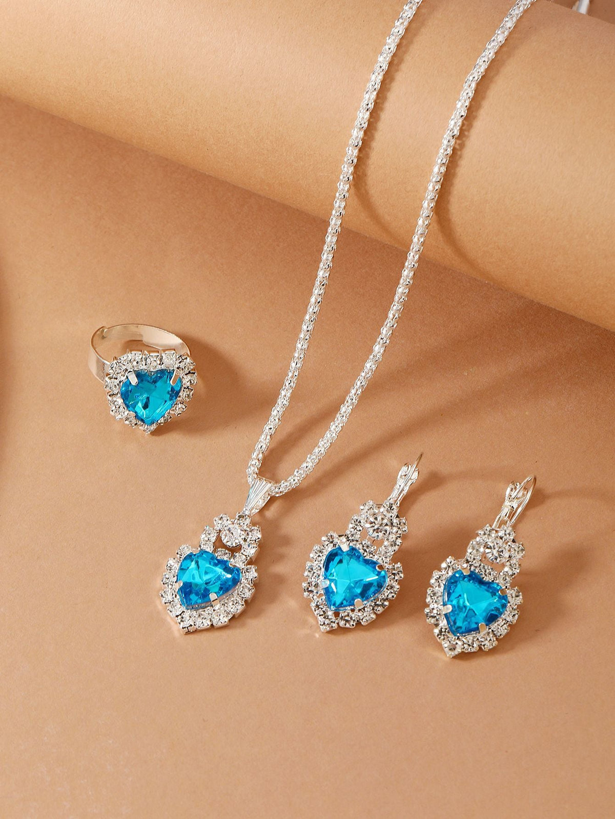 New Water Drop Heart-shaped Three-piece Jeweled Earrings