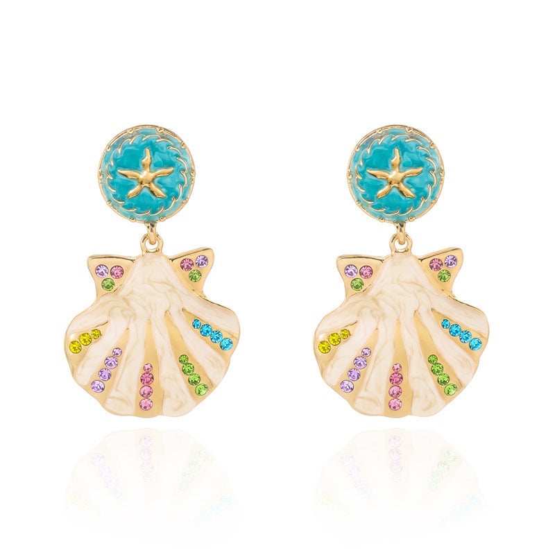 Women's Enamel Glaze Starfish Coral Diamond In The Debris Marine Shell Earrings