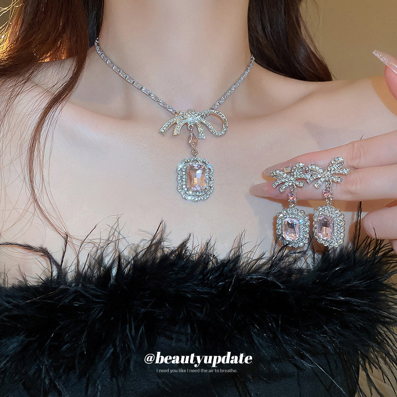 Diamond Rhinestone Zircon Square Bow Suite Earrings