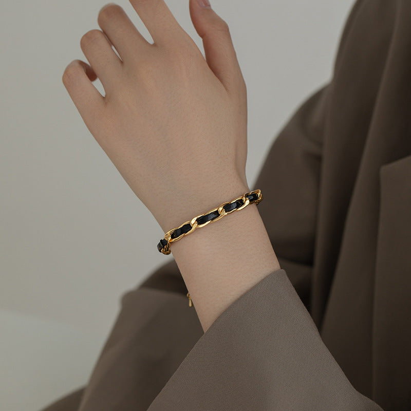 High-grade Leather Woven Design Versatile Retro Titanium Bracelet