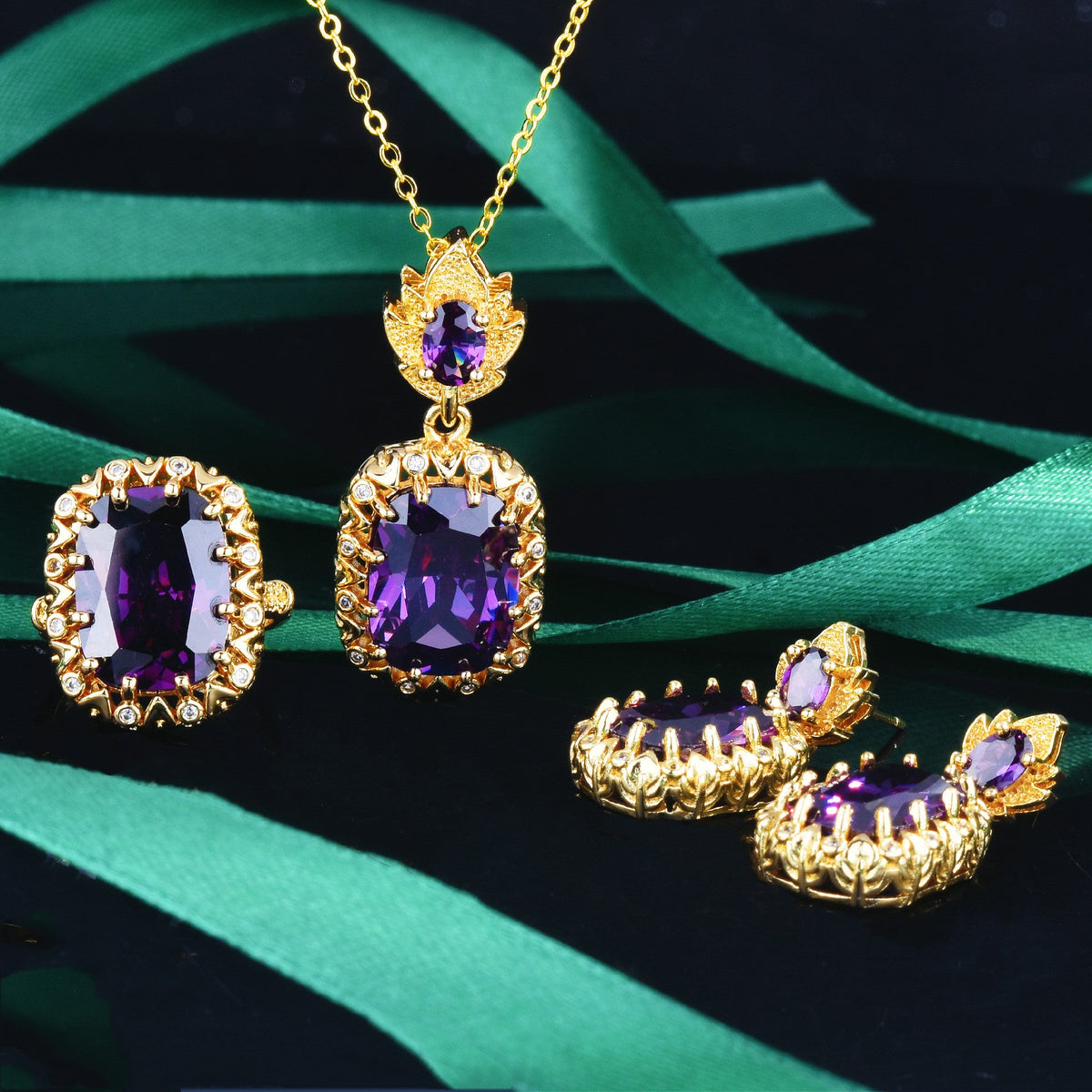 Super Flash High Carbon Diamond Yellow Purple Jewelry Set