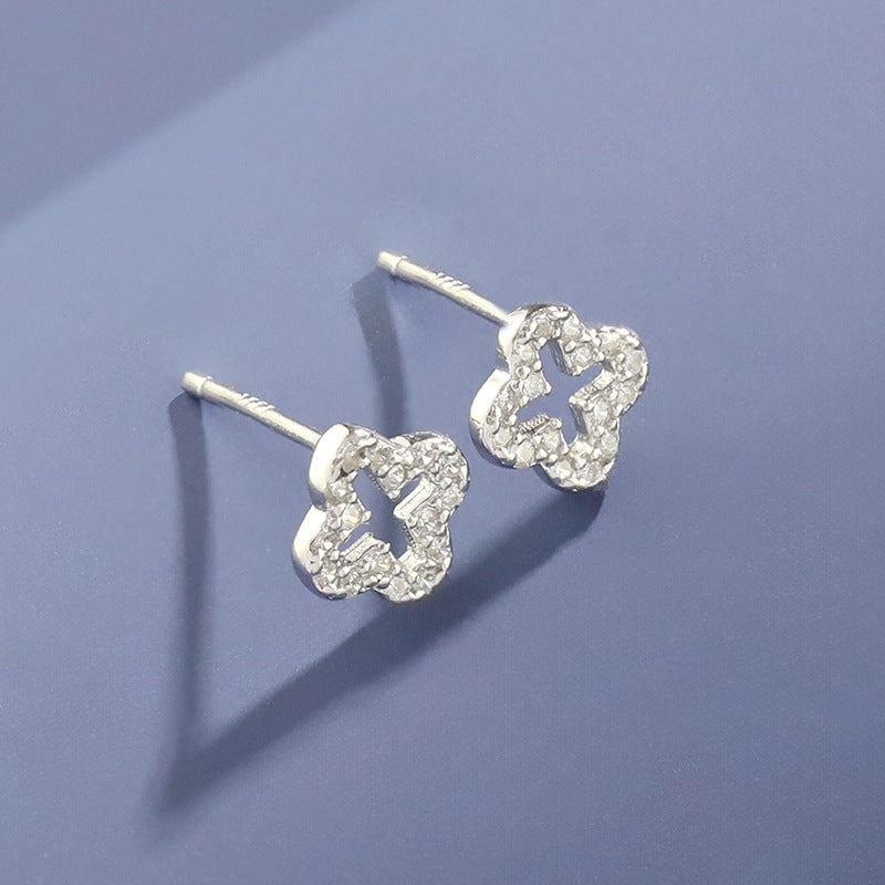 Sier Full Diamond Hollow Out Four Leaf Clover Ear Female Earrings