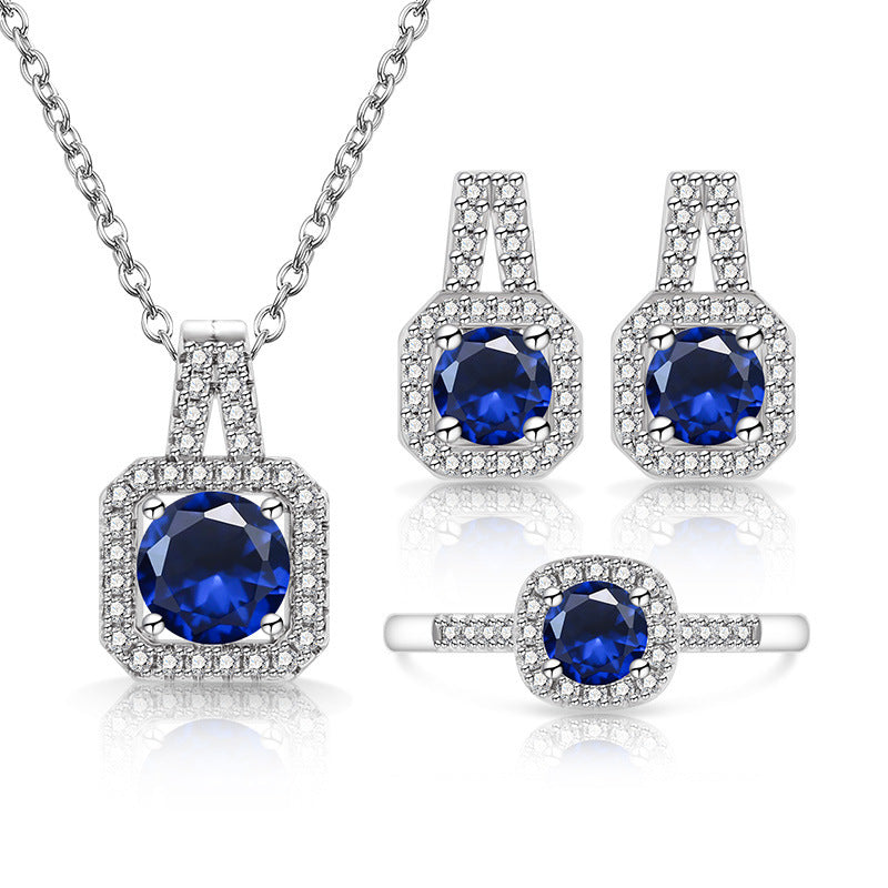 Broadcast Fashion Colored Gems Princess Square Bag Three-piece Suit Jewelry Set