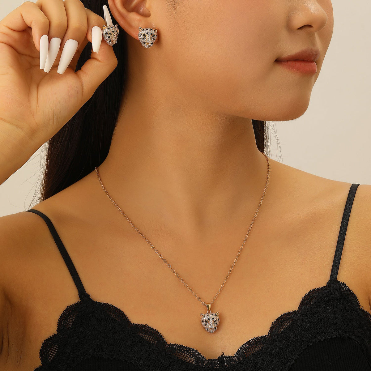 Women's Hop Leopard Head Copper Inlaid Zircon Jewelry Set