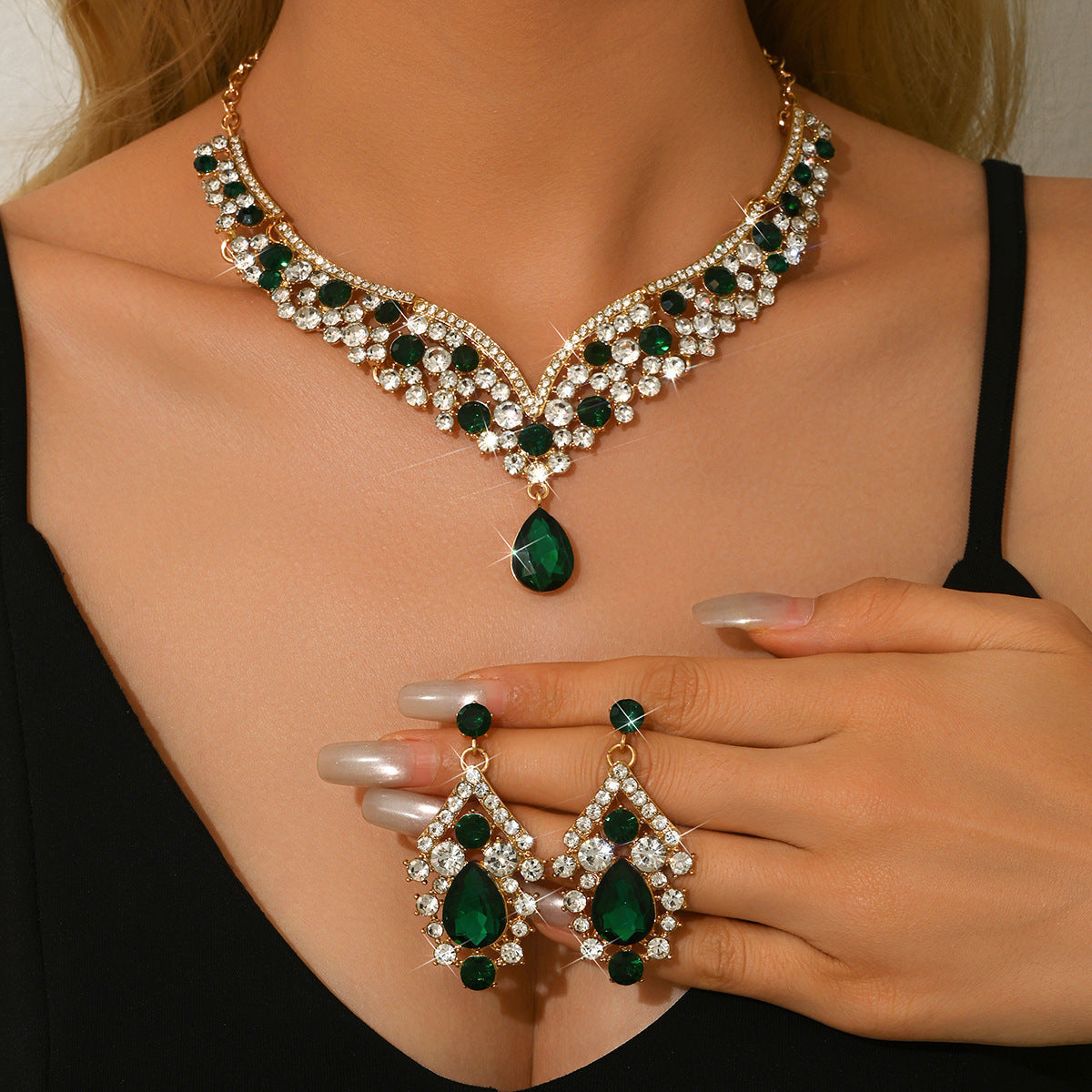 Bridal Wedding Suite Alloy Green Rhinestone Luxury Jewelry Set