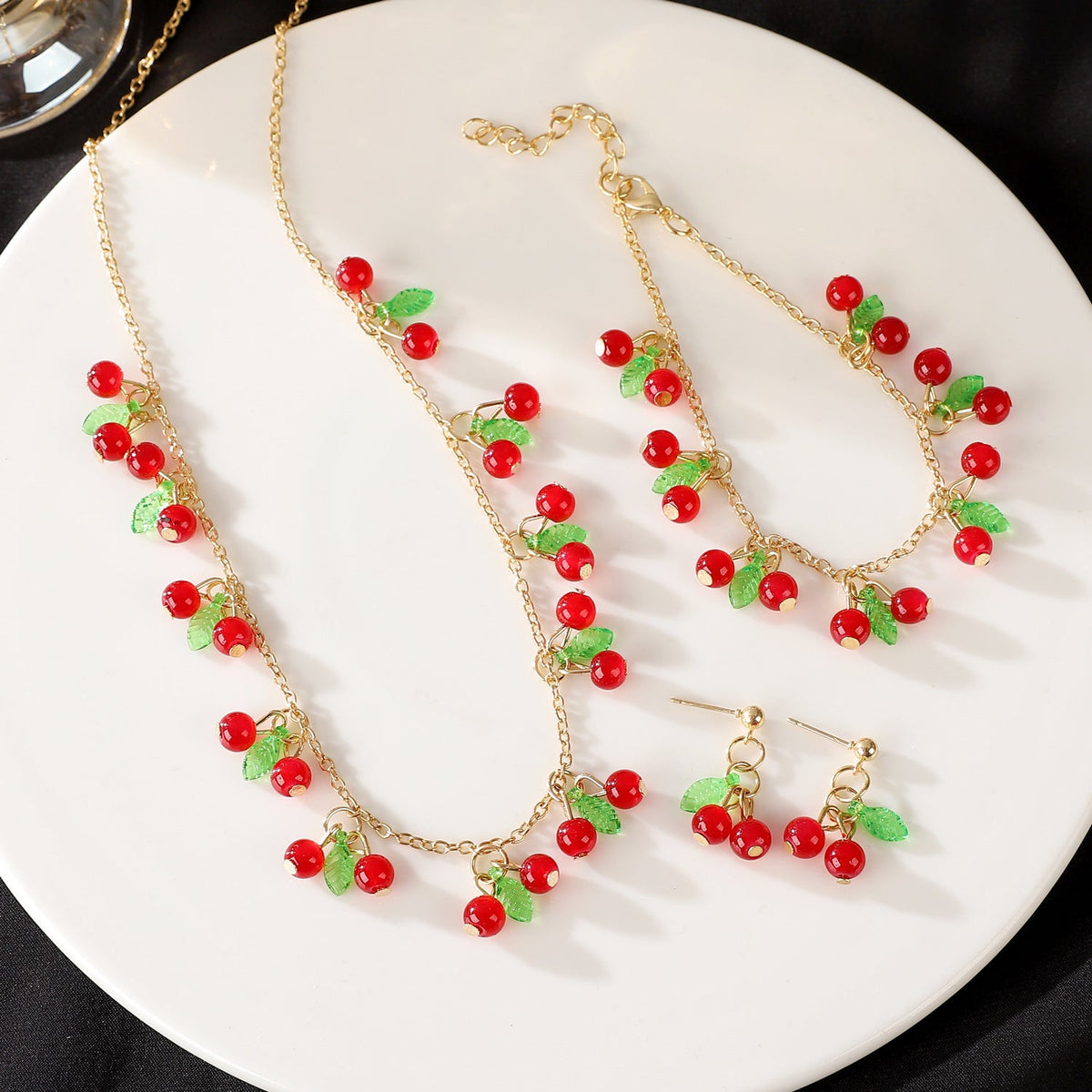 Cherry Strawberry Leaf Three-piece Sweet Elegance Jewelry Set