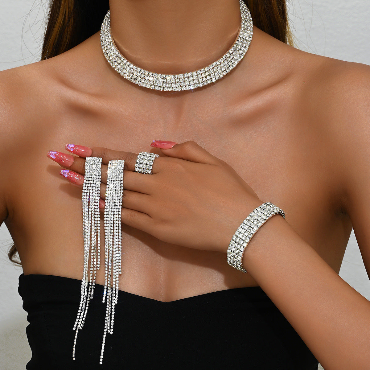 Rhinestone Tassel Stretch Bridal Formal Dress Jewelry Set