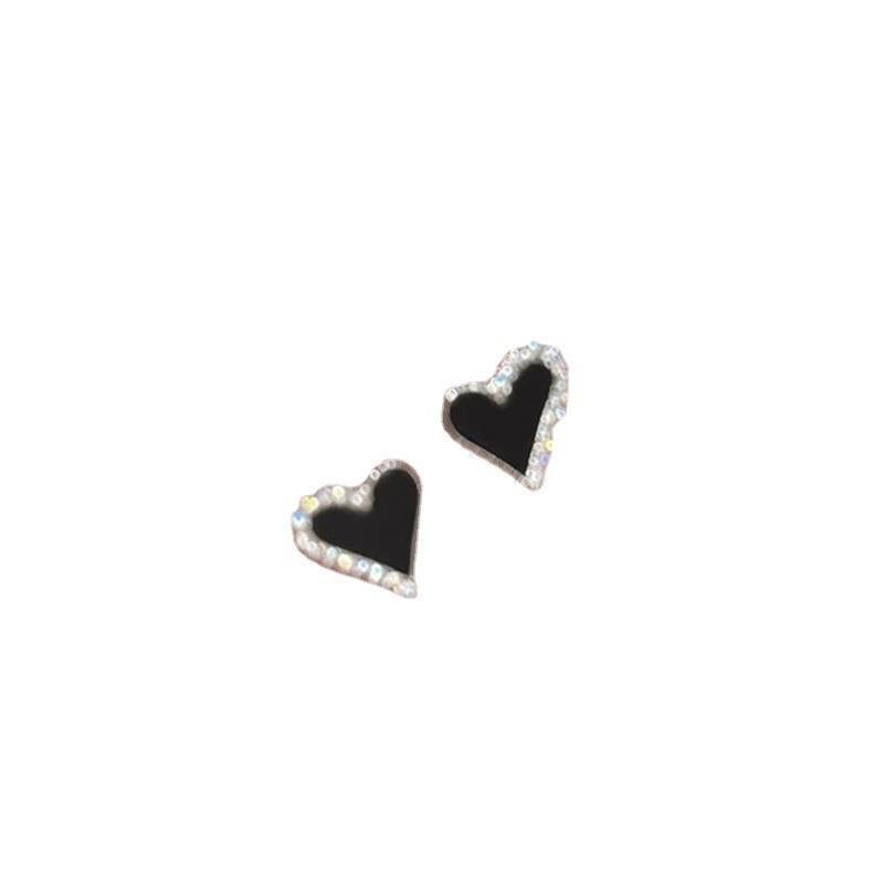 Cold Style Sweet Cool Black Heart Shape With Diamond Stud Earrings