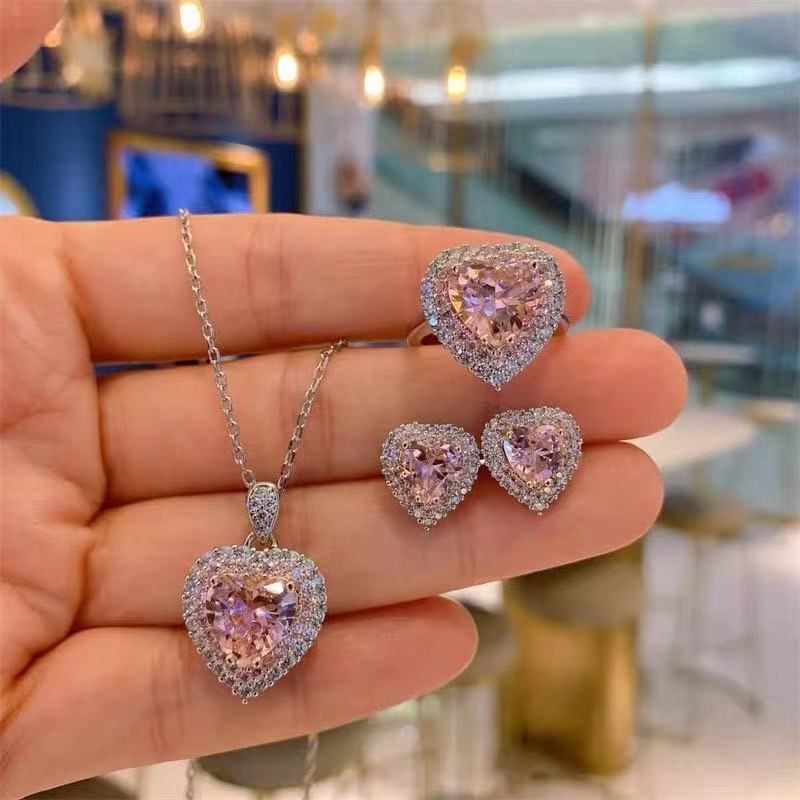 Colored Gems Pink Love Open Female Clavicle Chain Gift Live Jewelry Set