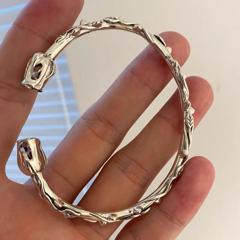 Broadcast Sier High Sense Retro With Opening Thorn Rose Design Bracelets