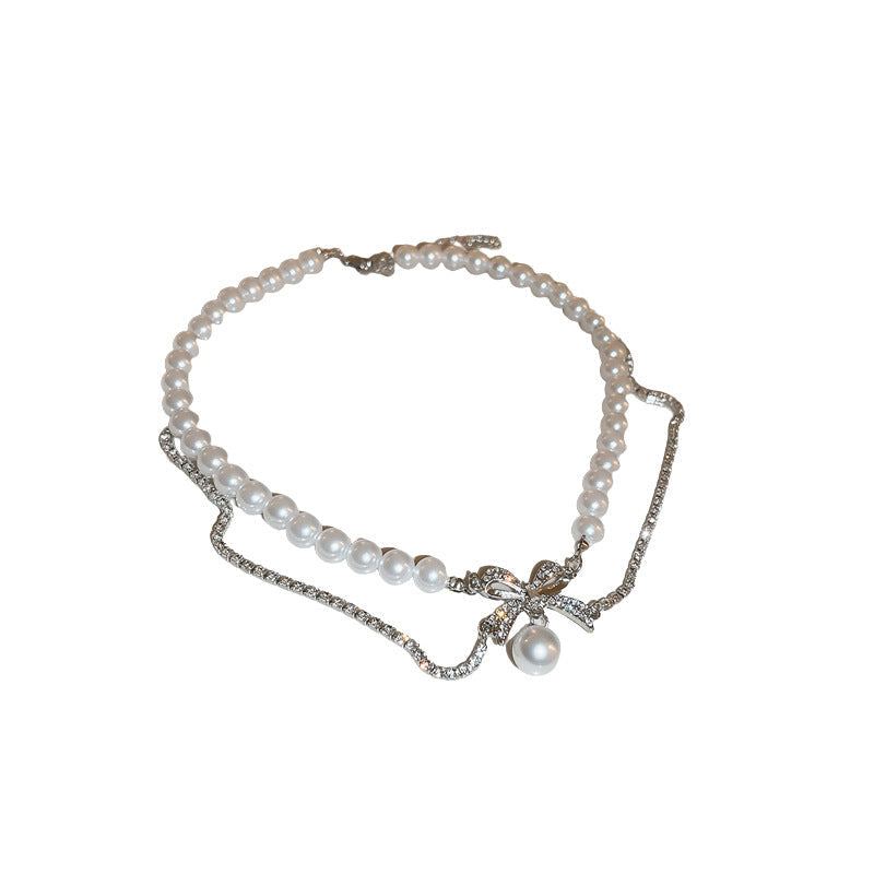 Women's Romance Rhinestone Bow Pearl Design Cold Necklaces