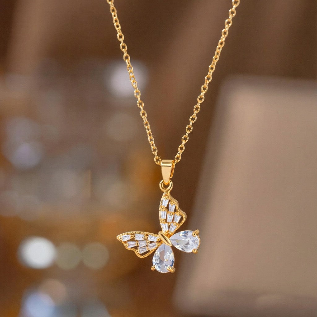 Steel Female Micro Inlaid Pink Diamond Necklace