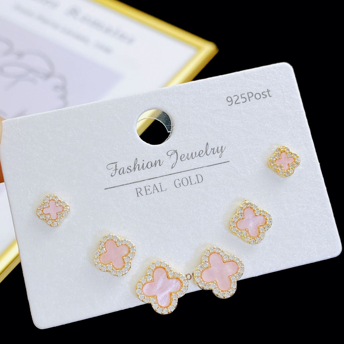 Exquisite Fashion Zircon Four-leaf Flower One Card Three Pairs Stud Earrings