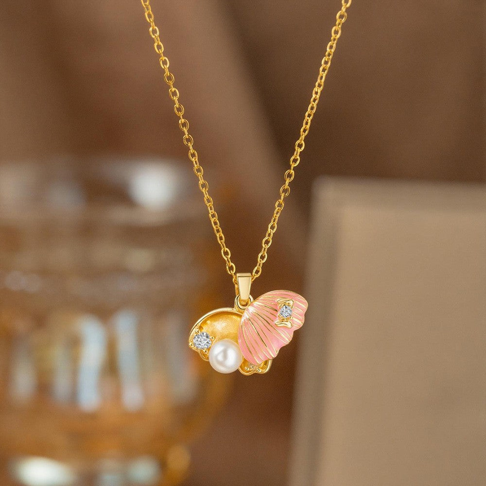 Steel Female Micro Inlaid Pink Diamond Necklace