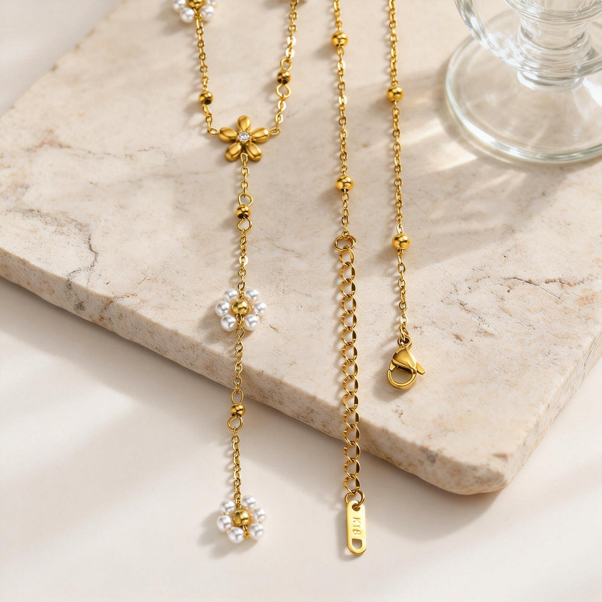 Women's Stainless Steel Flower Pearl Y-shaped Gold Clavicle Chain Necklace
