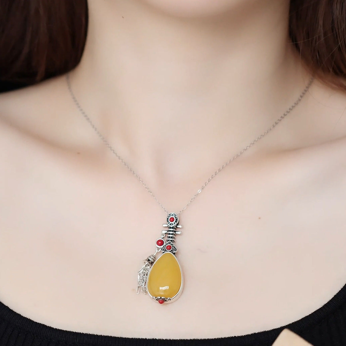Women's Lucky Tassel Pipa Water Drop Vintage Distressed Pendant