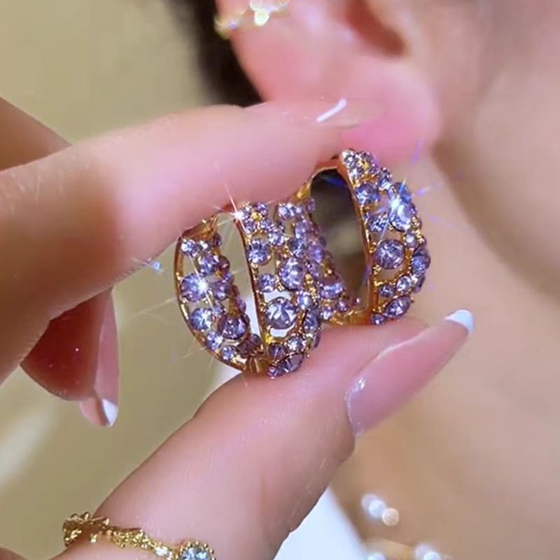 Women's Exquisite Fashion High-grade Purple Full Diamond Ear Clip Unique Stud Earrings