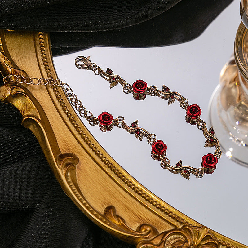 French Style Mori Rose Vintage Romantic Red Flower Niche Rings