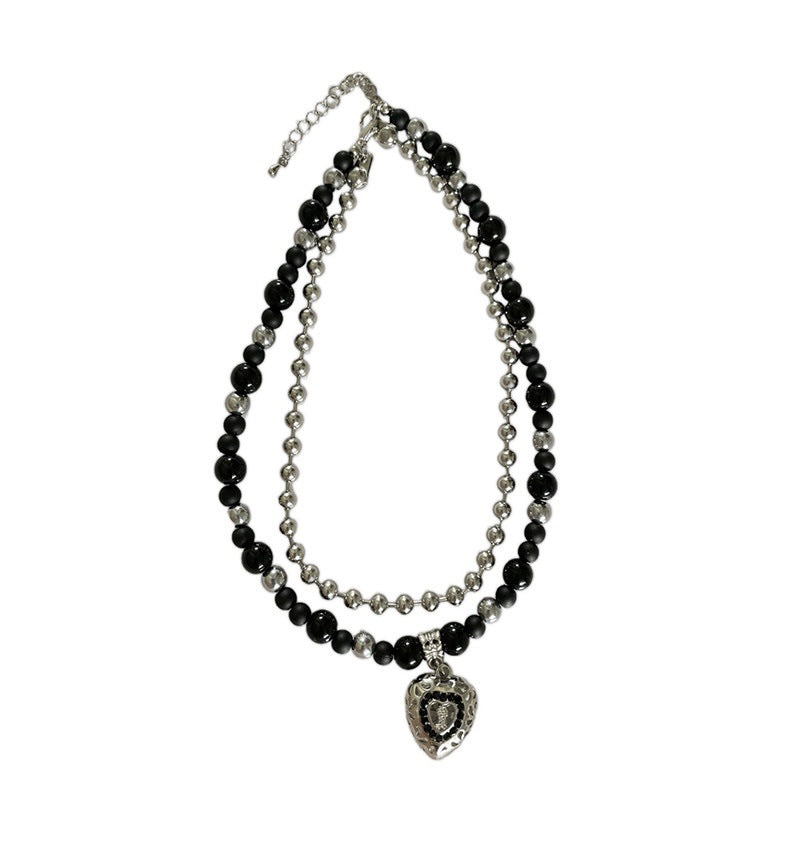 Pink Black Layered Steel Ball Diamond Love Clavicle Chain Double Necklace