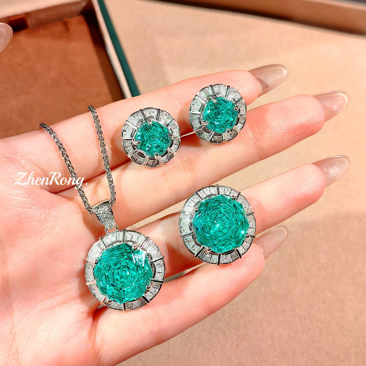 Women's Octagonal Millennium Rose Cut Rose-red Rhinestone Ear Aquamarine Colored Gems Jewelry Set