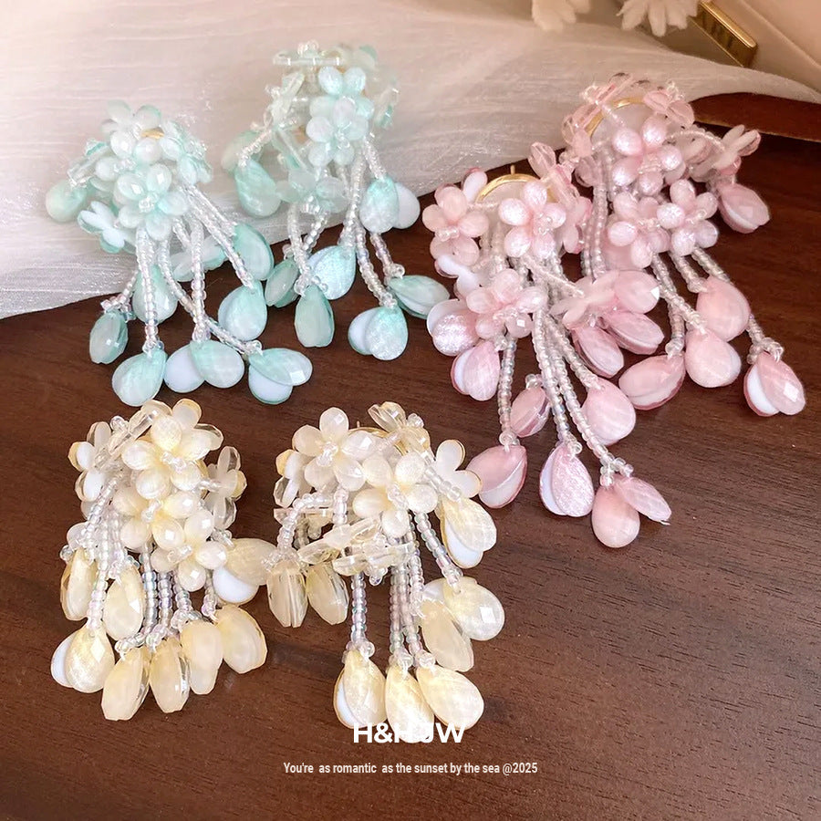 Tea Sweet Pink Flower Beaded Tassel Rings