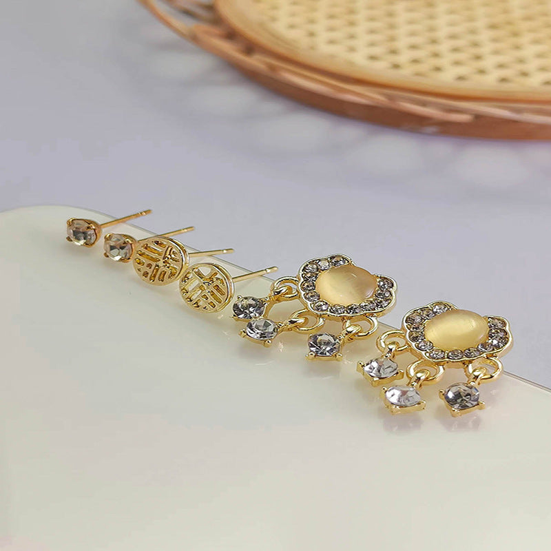 Women's Exquisite Opal Safety Lock Three-piece For Design Stud Earrings
