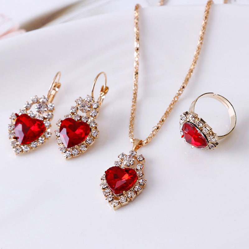 New Water Drop Heart-shaped Three-piece Jeweled Earrings