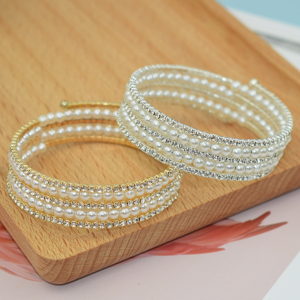 Fashion Shiny Rhinestone Pearl Row Brace Bracelet