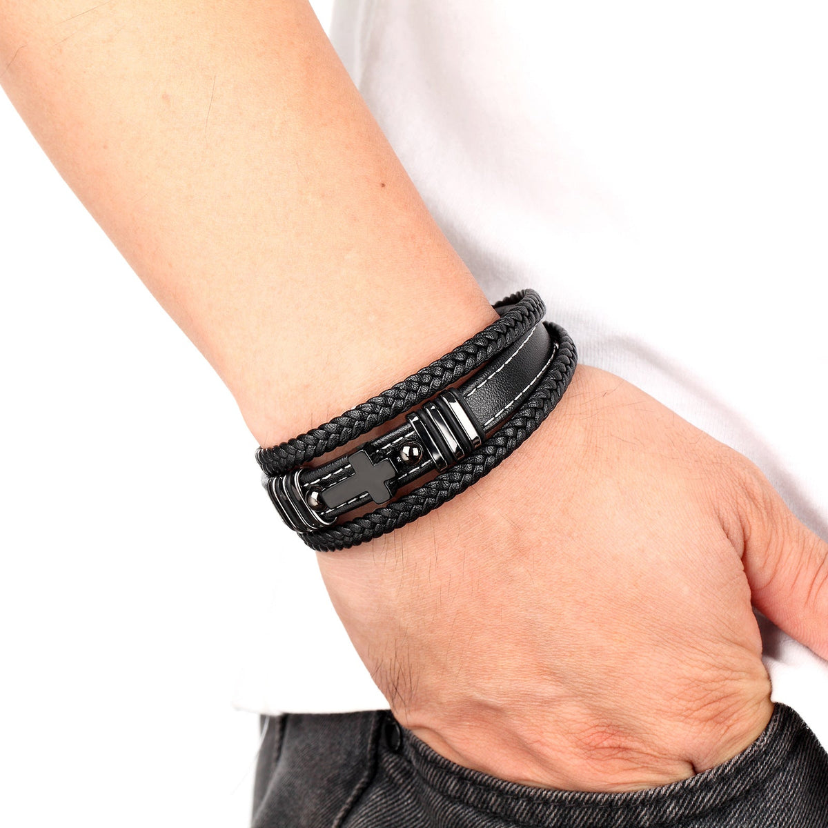 Men's Woven Leather Vintage Stone Cross Stainless Steel Bracelet