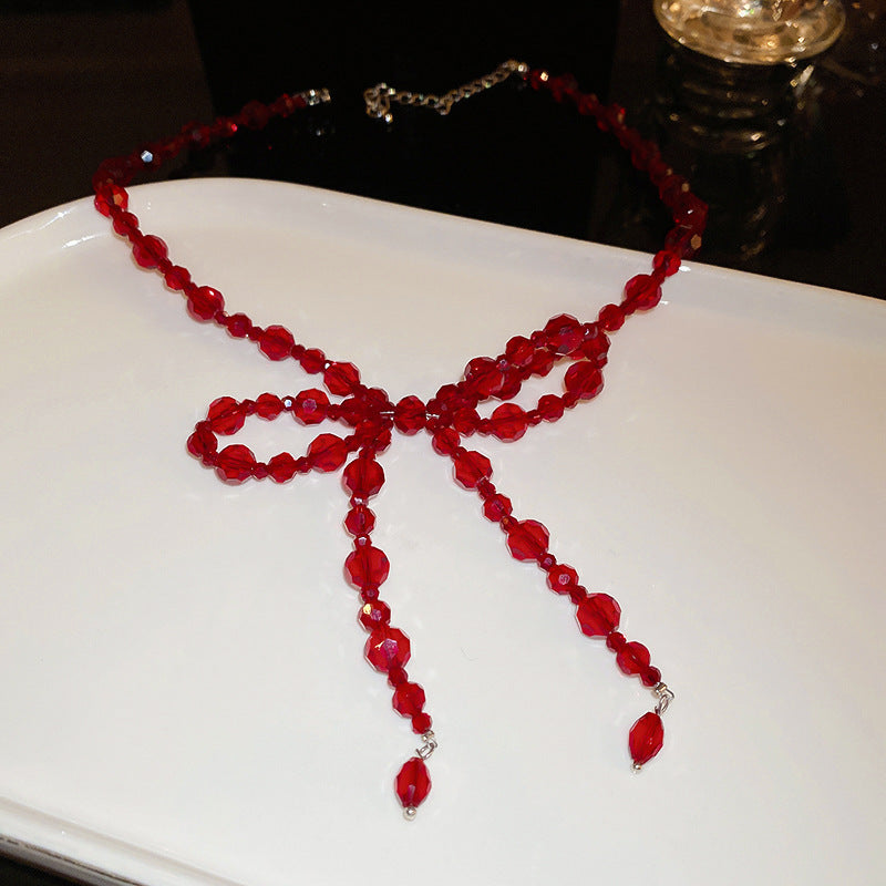 Women's Vintage Red Crystal Bow Tassel Sier Earrings