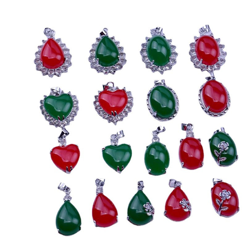 Ethnic Red Green Water Drop Chalcedony Surrounding Diamond Pendant