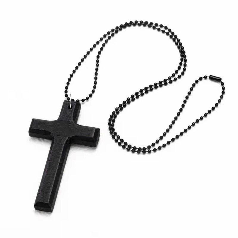 Retro Handmade Double Alloy Wood Cross Boys Long Sweater Chain Pendants