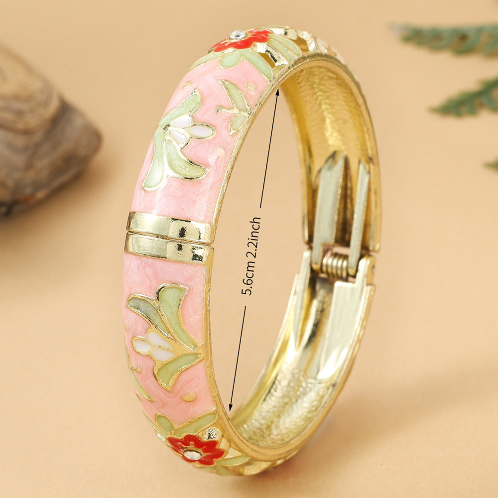 Tourist Souvenir Retro Style Flower Green Leaf Diamond Cloisonne Widened Bracelet